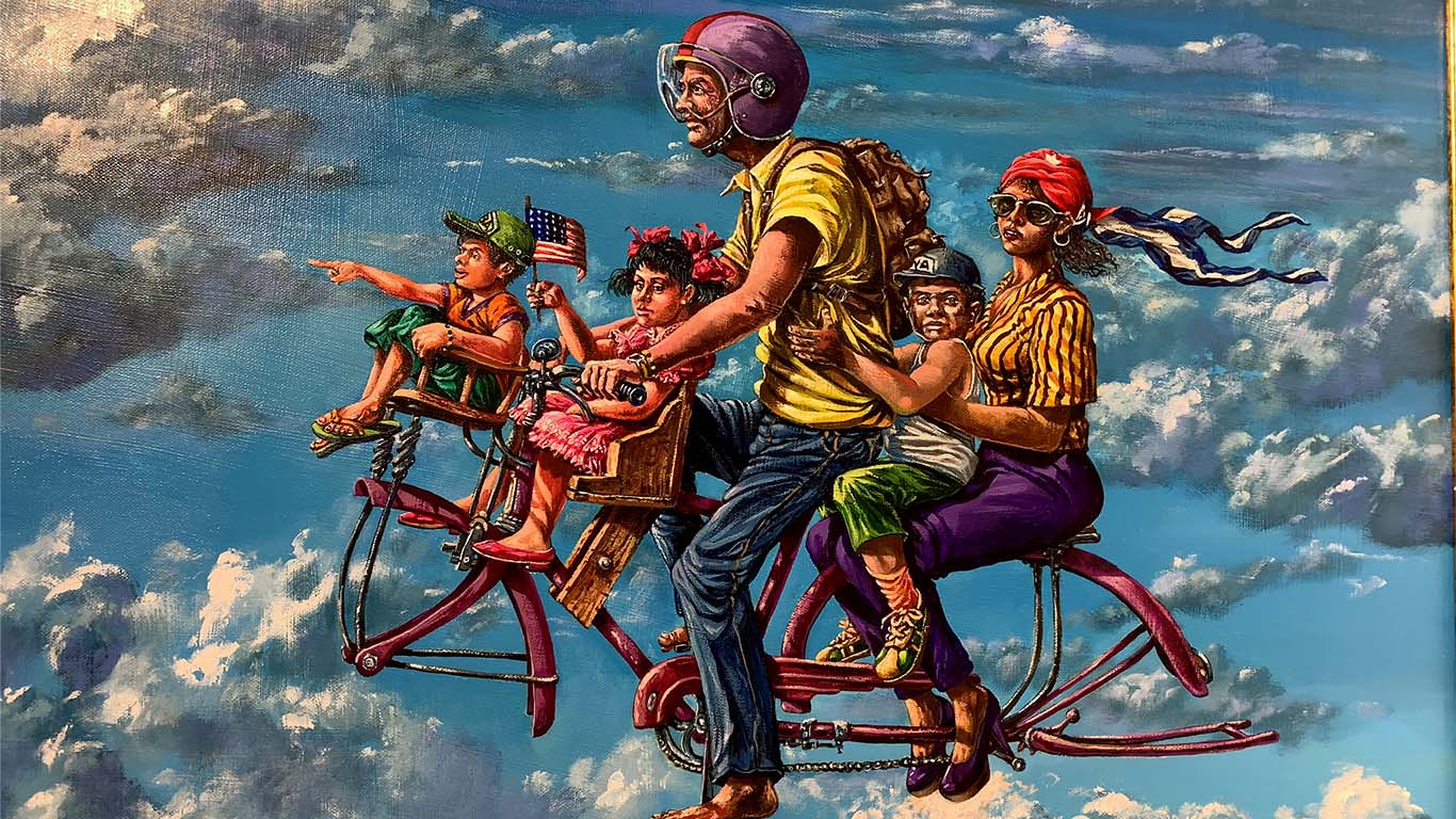 Surrealistisches Gemälde mit einer kubanischen Familie, die auf einem Fahrrad fährt, das im Himmel schwebt