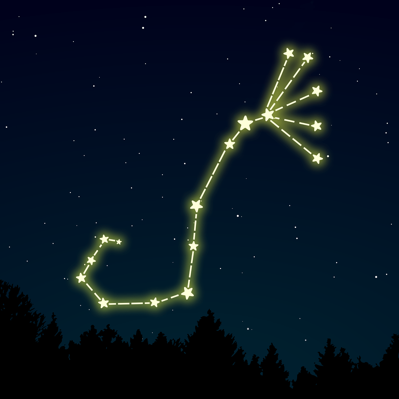 Das Sternbild Skorpion dargestellt mit einer Grafik vor einem Nachthimmel
